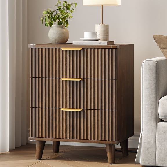 Aufeile Nightstand with Charging Station, 3 Drawer Nightstand for Bedroom, Fluted Bedside Table with USB Ports, Modern Wood Bedroom Side Table with Drawers, Walnut