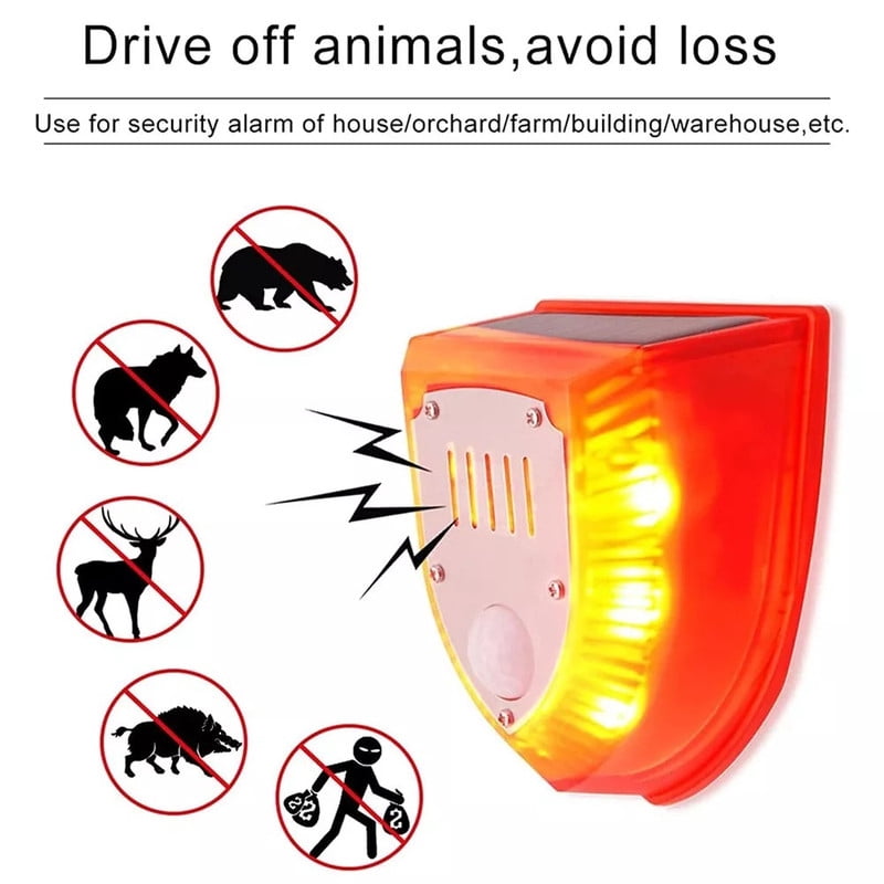 Solar Alarm Motion Detector with Sound Outdoor Motion Sensor 129db Barking Dog Strobe Light Gunshot Sound Alarm Detector Noise Maker Warning Lamp for Home Villa Yard Farm