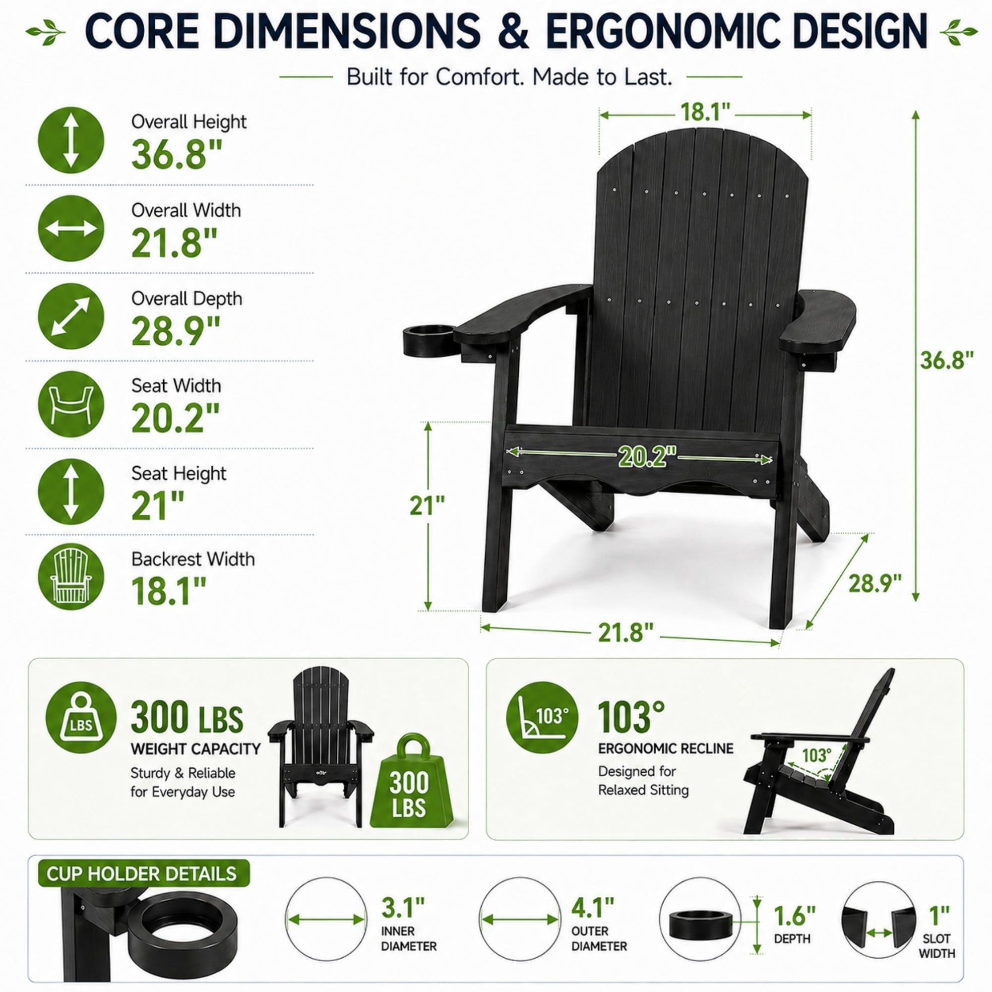 Y&M Adirondack Chair, HDPE Weather Resistant Outdoor Chair with Cup Holder, Black