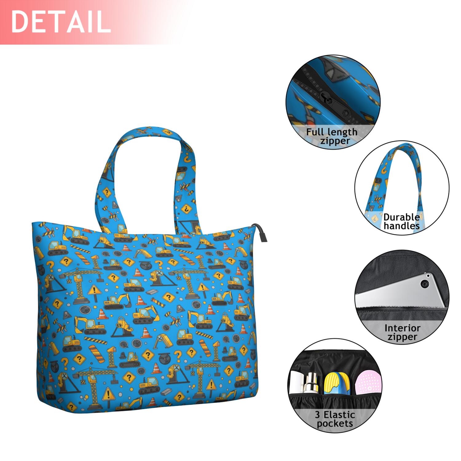 Cartoon Construction Vehicles Signs Blue Pattern Travel Tote Bags for Women Carry On,Large Weekender Bags for Women Travel,Multi Functional Duffle Bag for Work,Shopping,Sports