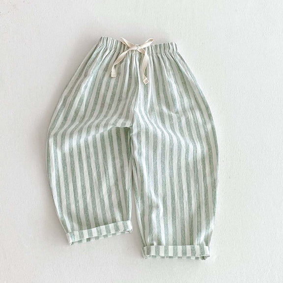 Maqroz Kids Striped Harem Pants Loose Fit Bloomers Cotton Linen Trousers Elastic Waist Lantern Pants Summer Mosquito Proof Bottoms Green,2 Years