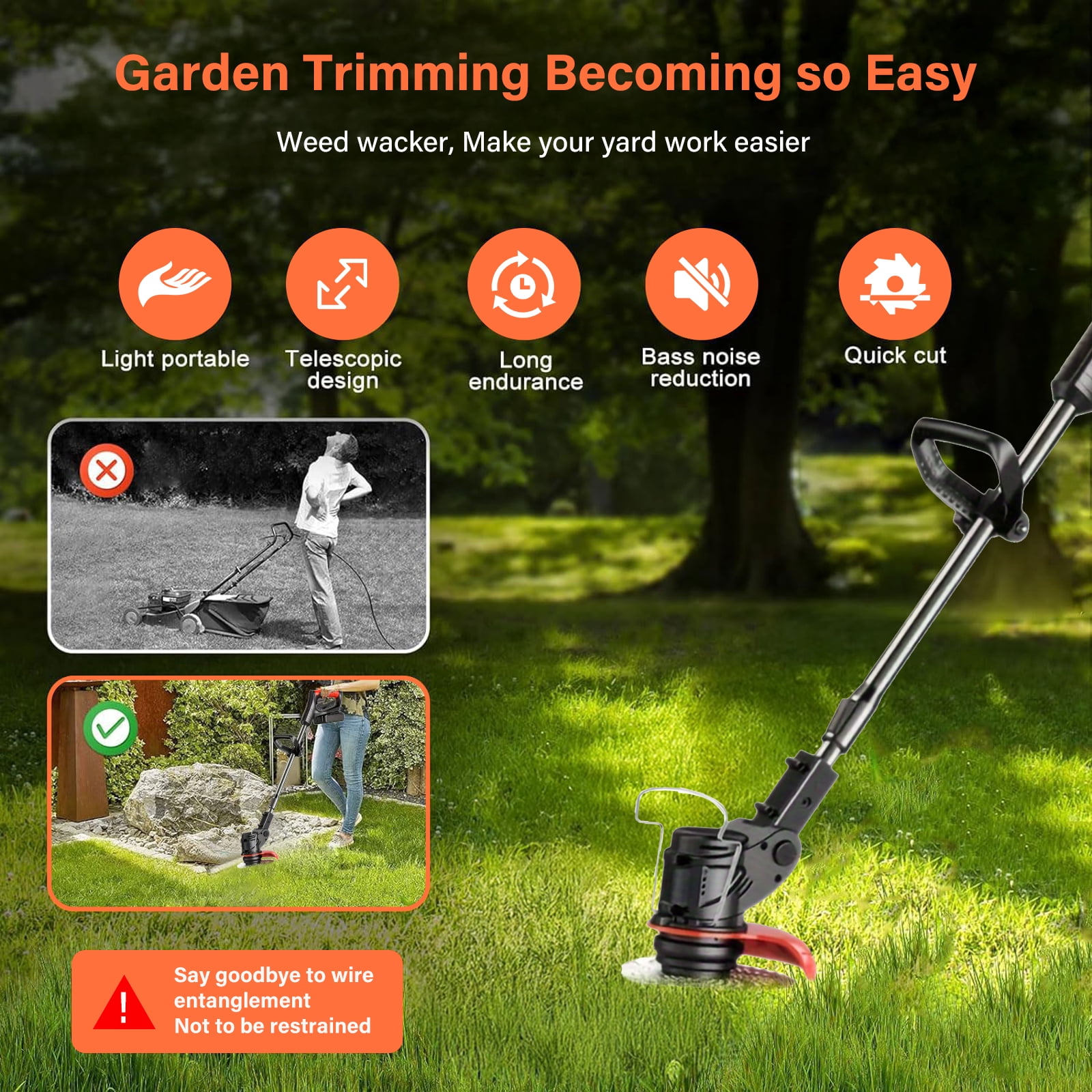 Cordless Lawn Mower, 21v Electric Weed Wacker Brush Cutter Rechargeable Electric Grass Trimmer with 2 Batteries, Handheld Weed Eater for Lawn Garden Pruning Trimming Tool