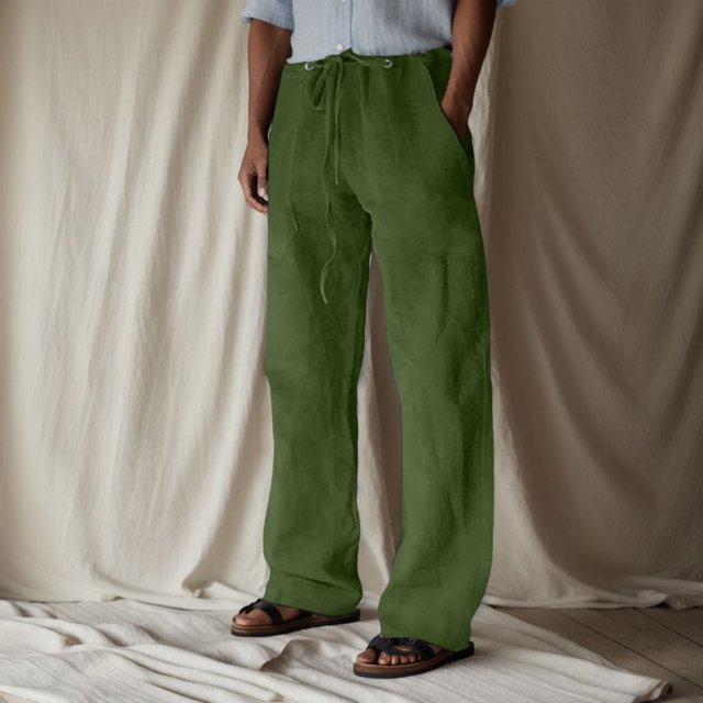 Men's Casual Pants - Mid Rise Solid Full-Length Everyday Trousers with Drawstring and Pockets for Comfort