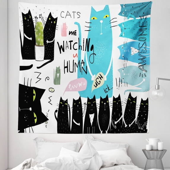 Funny Tapestry, Cats are Watching You Human Happy Kittens Against Man Animals Lettering Illustration, Fabric Wall Hanging Decor for Bedroom Living Room Dorm, 5 Sizes, Multicolor, by Ambesonne