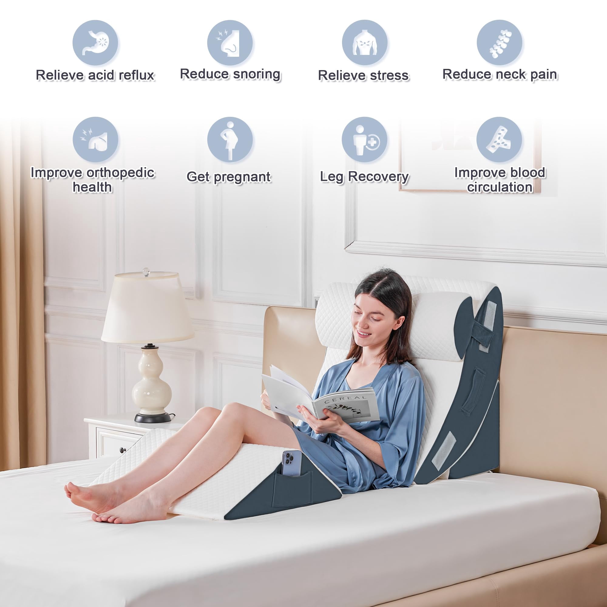 4pcs Bed Wedge Pillow Set For Sleeping  Foam Body And Leg Triangle Adjustable Support - Acid Reflux Pillows Navy
