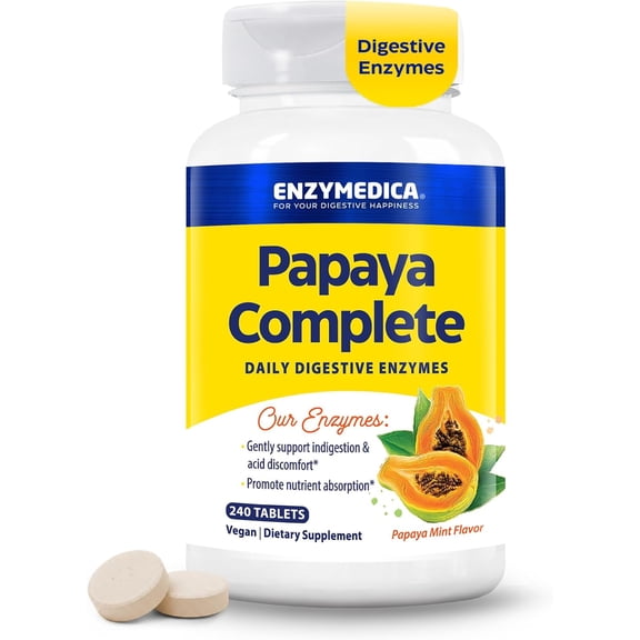 Enzymedica Papaya Complete, Daily Digestive Enzymes with Organic Papaya Juice and Chlorophyll for Meal & Nutrient Absorption, High Potency Bromelain & Papain, Vegan, Mint Flavor, 240 Chewable Tablets