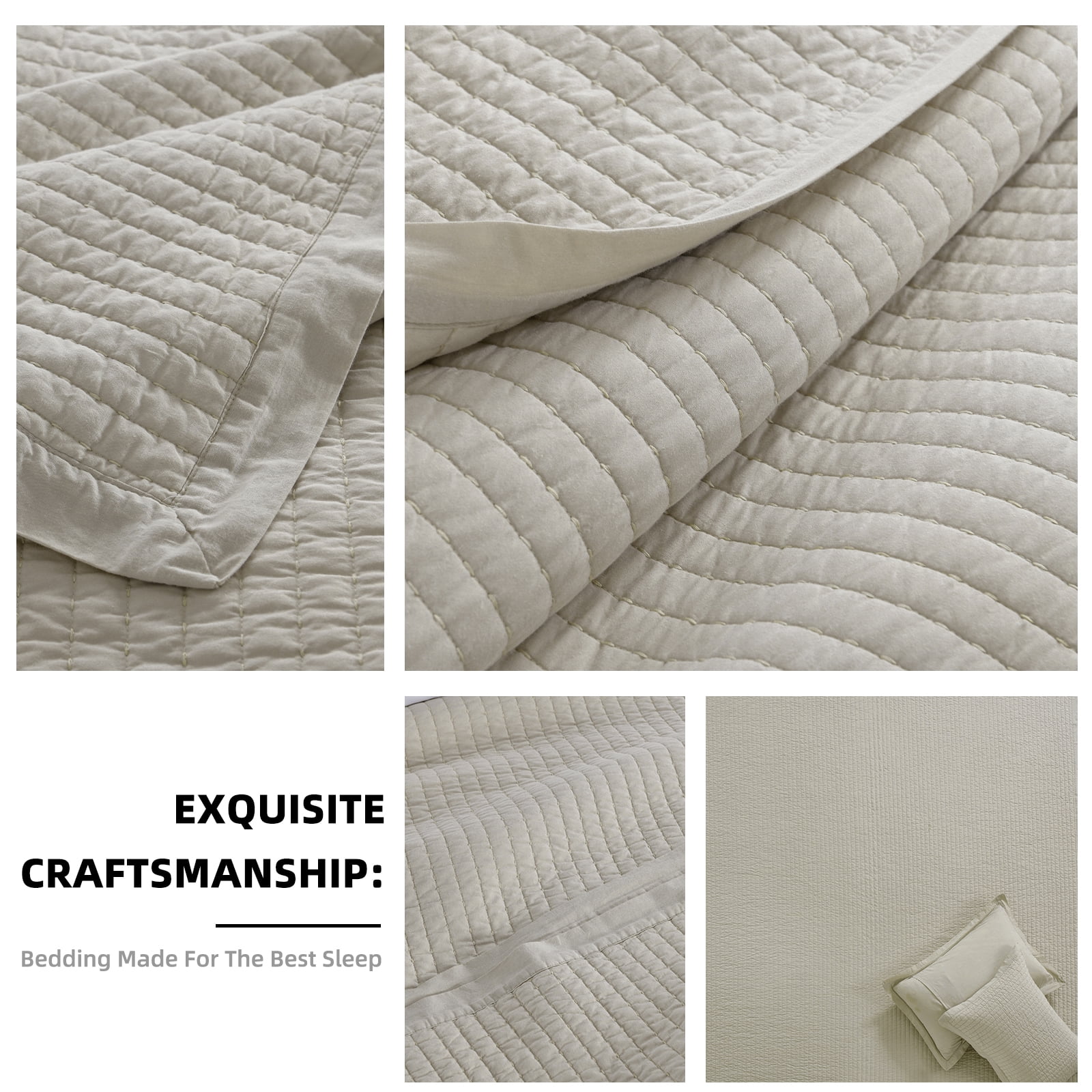 PANGUSHAN 100% Cotton Queen Quilt Set, Farmhouse Elegant Solid Color Queen Size Quilt Bedding Set Bedspreads, Reversible Quilted Lightweight Comforter, Beige Bed Spread for Queen Bed, 3pcs