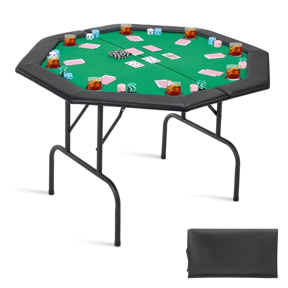 VEVOR Foldable Poker Table, 8 Player 48 in Folding Casino Leisure Table with Padded Rails & Cup Holders, Octagonal Portable Game Tables with Felt & Metal Legs, for Texas Holdeem Game and Blackjack
