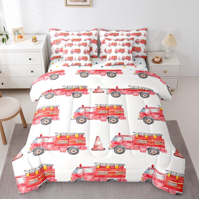 Erosebridal Cartoon Car Bed in a Bag Full size, Fire Fighter Bed Set, Fireman Car Decor, Reversible 7pcs