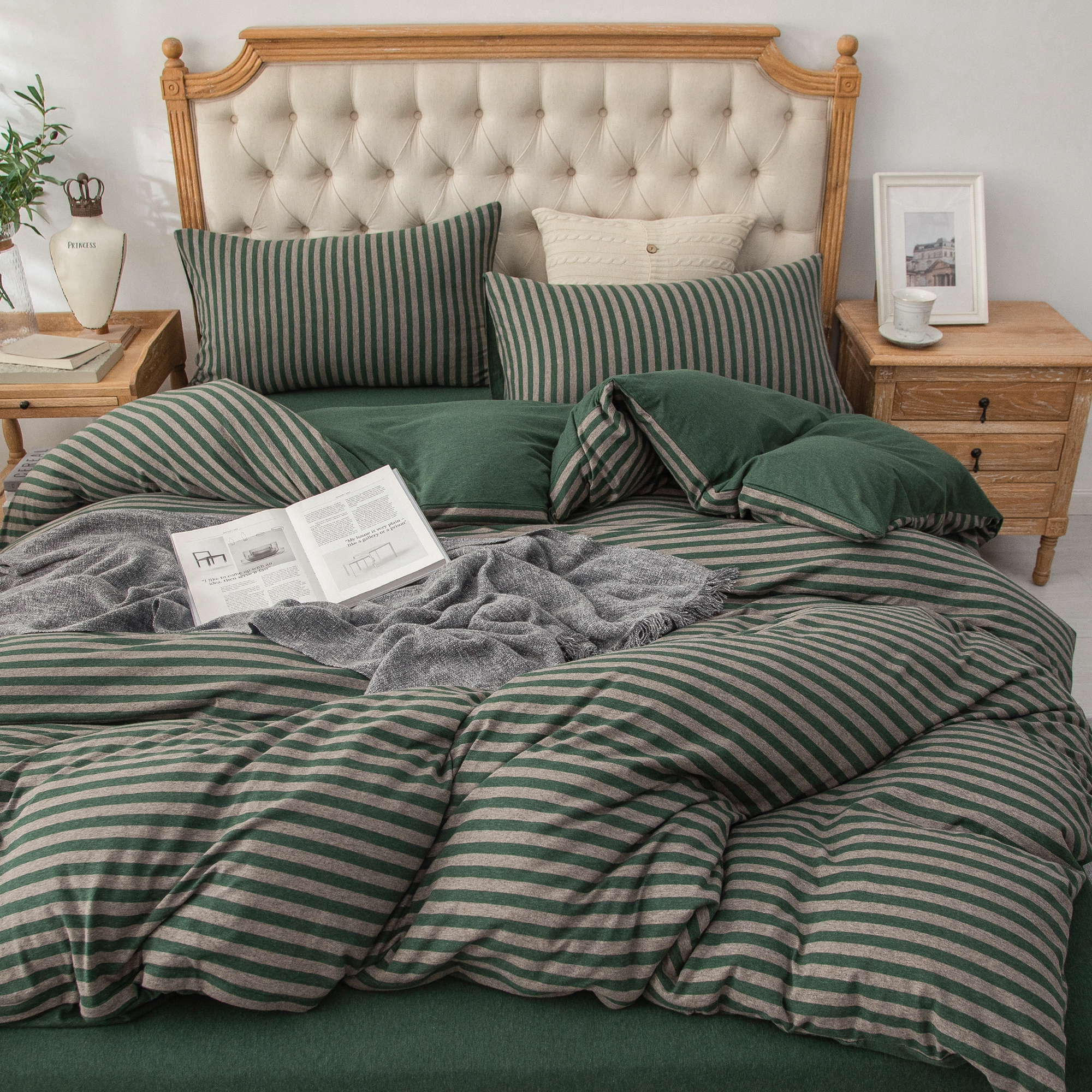 PURE ERA Jersey Knit Solid Duvet Cover Set 100% T-Shirt Cotton Ultra Soft 3Piece Bedding Set(Full Size, Green Stripe)
