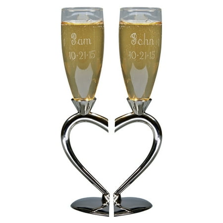 Personalized Wedding Toasting Flutes, Split Heart Base, Nickel Plated