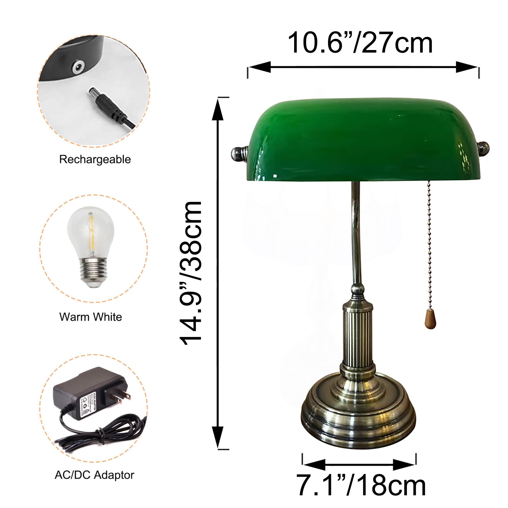 Kiven Cordless Bankers Table Lamp,1-Light Dimmable Bedside Lamps for Nightstand with Glass Lampshade, Vintage Rechargeable Desk Lamp for Reading Home Decor Bedside TD1120