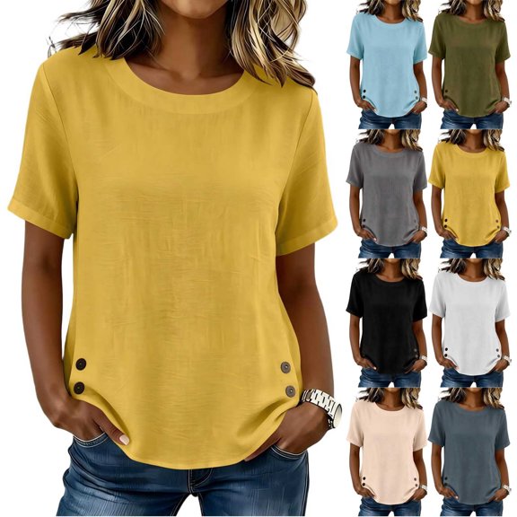 Tqcoqu Women's Cotton Linen Short Sleeve Tops,Crew Neck Side Button Shirts Casual Loose Fit T-Shirt,Army Green Women's S-XXL