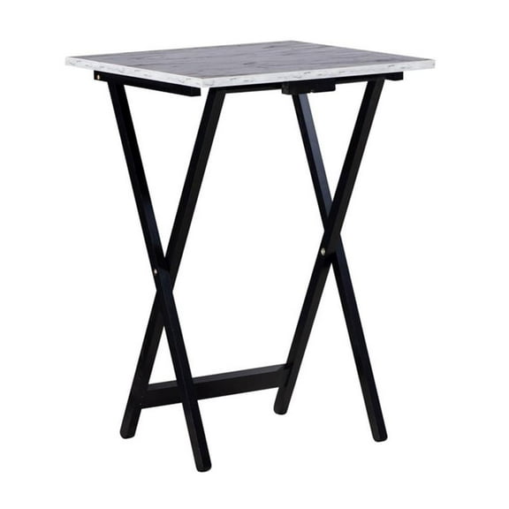 Riverbay Furniture 5-Piece Marble Folding Tray Table Set w/ Stand in White/Black