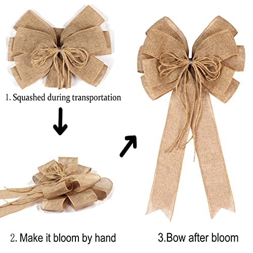 2 Pack Large Natural Jute Rope Bows for Wreaths and Crafts, Rustic Farmhouse Style Decoration for Tree Topper, Gift Wrapping, Wedding, Holiday Party, and Front Door Decor