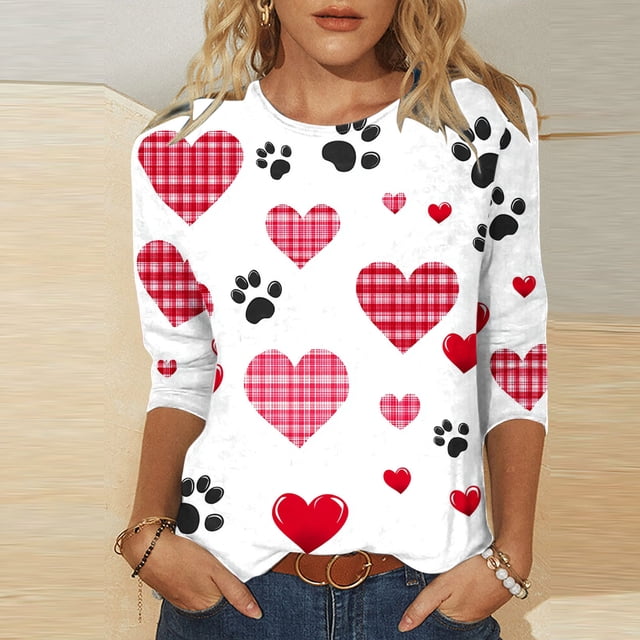 PEONAVET T-Shirts pour Femmes à Manches 3/8795, Blouse T-shirt à Manches 3/4 à Col Rond Imprimé Décontractée et Tendance pour Femmes