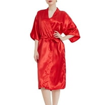 Defitshape Women's Satin Robe Short Sleeve Bathrobe Knee Length Lightweight Wedding Soft V Neck Bride Silky Sleepwear Red X-Large