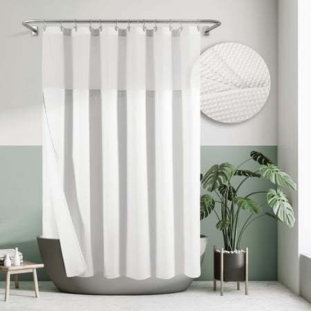 Barossa Design Cotton Blend Waffle Weave Shower Curtain with Snap-in Fabric Liner, Mesh Window Top, White, 71"W x 72"H