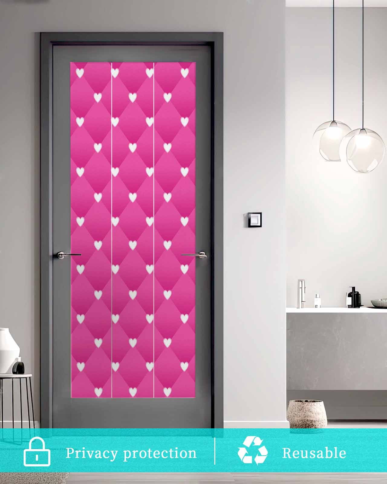 Window Privacy Film Pink Stained Glass Window Film Decorative Sun Block Window Cover Modern Romantic Love Heart Plaid Striped Art Window Clings Static Adhesive Sticker for Bathroom 35.4"x78.7"