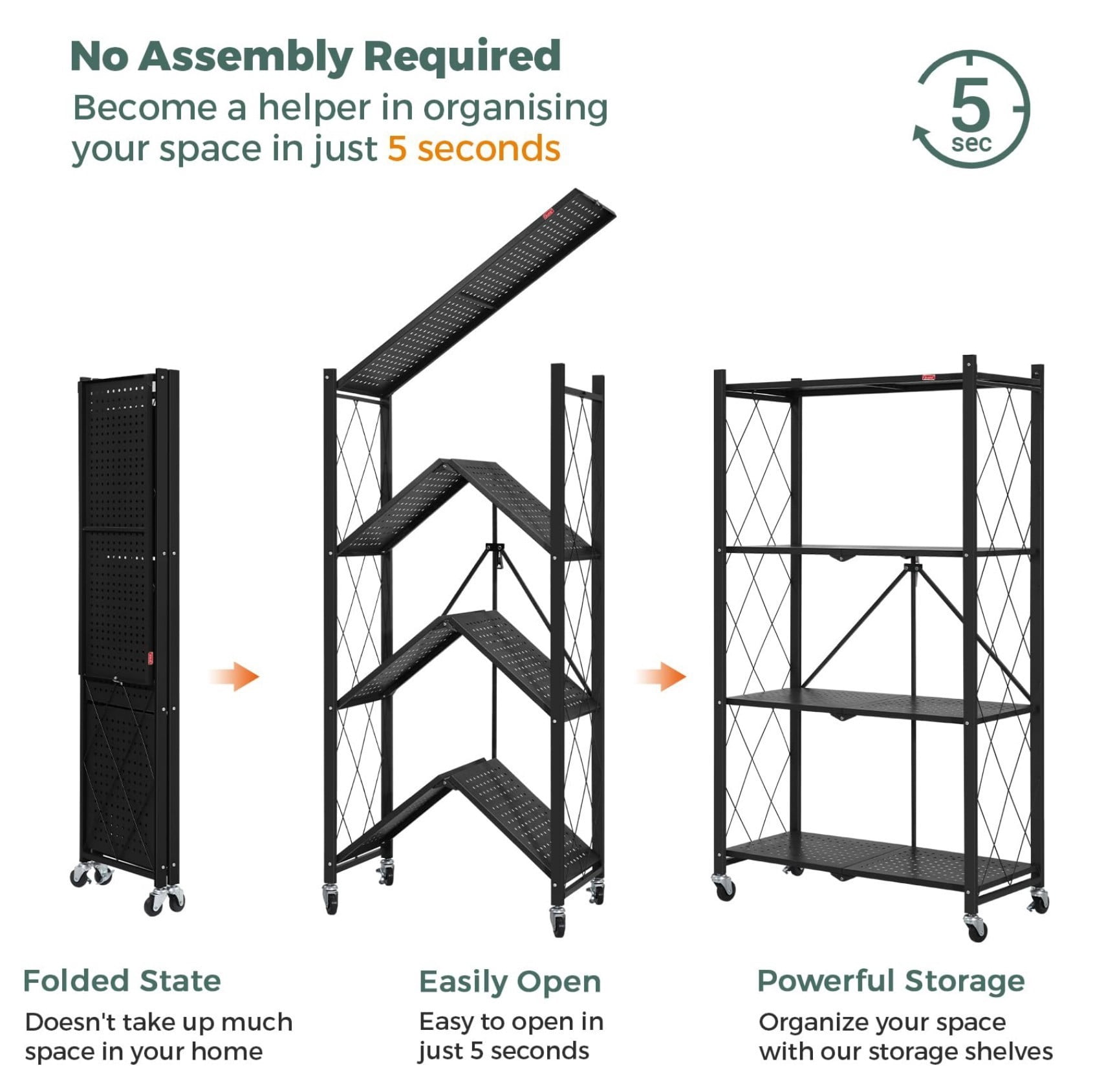 42"H 4-Tier Foldable Metal Storage Rack, Installation-Free Kitchen Organizer Shelf, Heavy Duty Carbon Steel Storage Rack for Kitchen Living Room Bedroom Balcony, Black