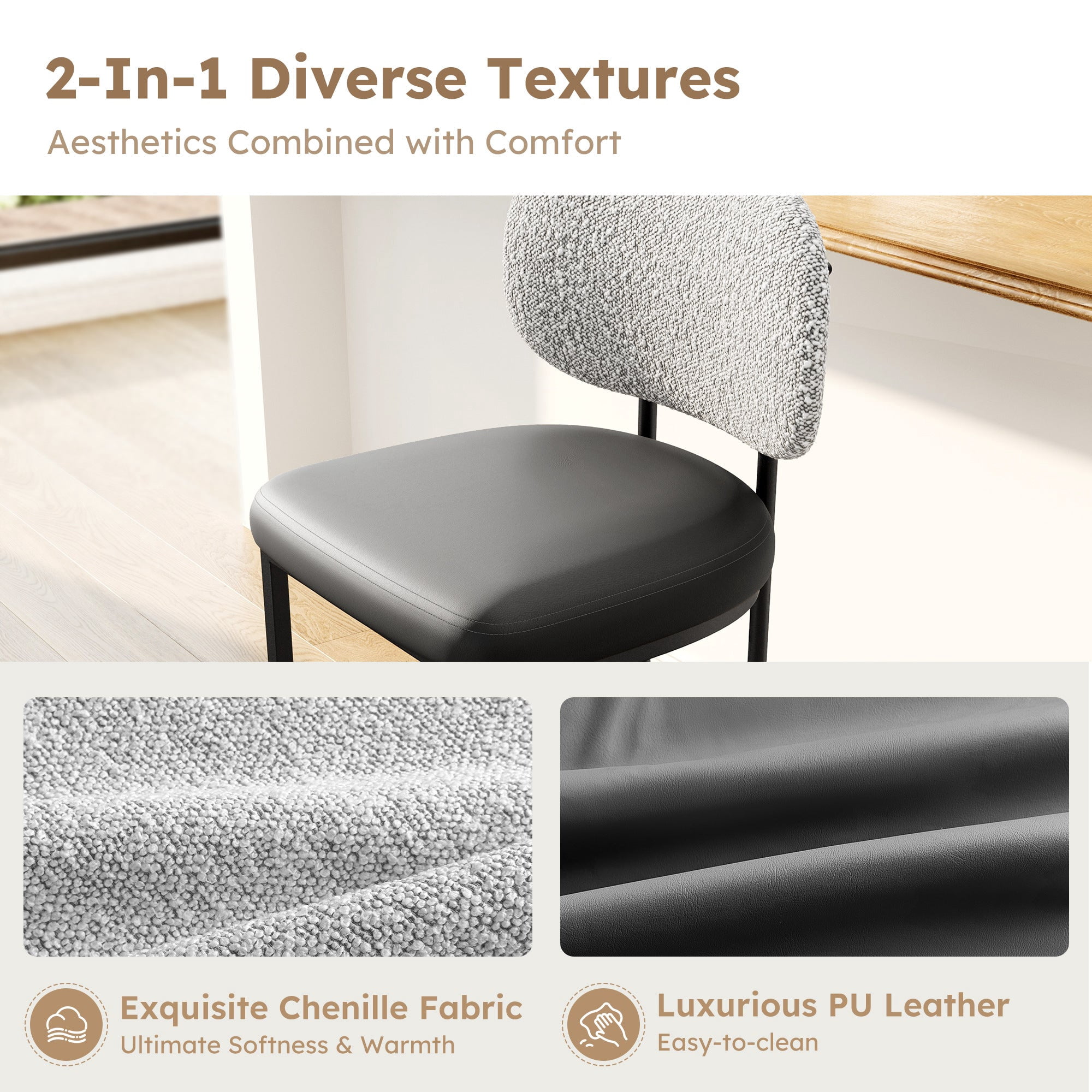 MF Studio Counter Height Bar Stool with Back Set of 3, 24.8" Modern PU Upholstered Bar Chair with Large Chenille Back and Metal Frame, Gray