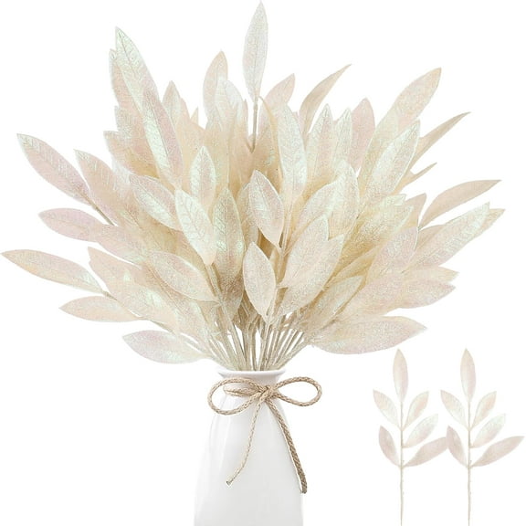 Jinswick 20 Pack Artificial Glitter Leaf White Glittered Spray Picks 13.1’’ Fake Floral Leaf Branches Xmas Decoration for Christmas Tree DIY Wreath Crafts Gift Home Garden Decoration(White,)