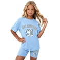 thumbnail image 2 of SGMVNU Girls 2Pcs Clothes Summer Outfits Graphic Letter Print Tee Shirt and Casual Biker Shorts Kids Streetwear Clothing Set, Size 9-10 Years, Sky Blue, 2 of 3