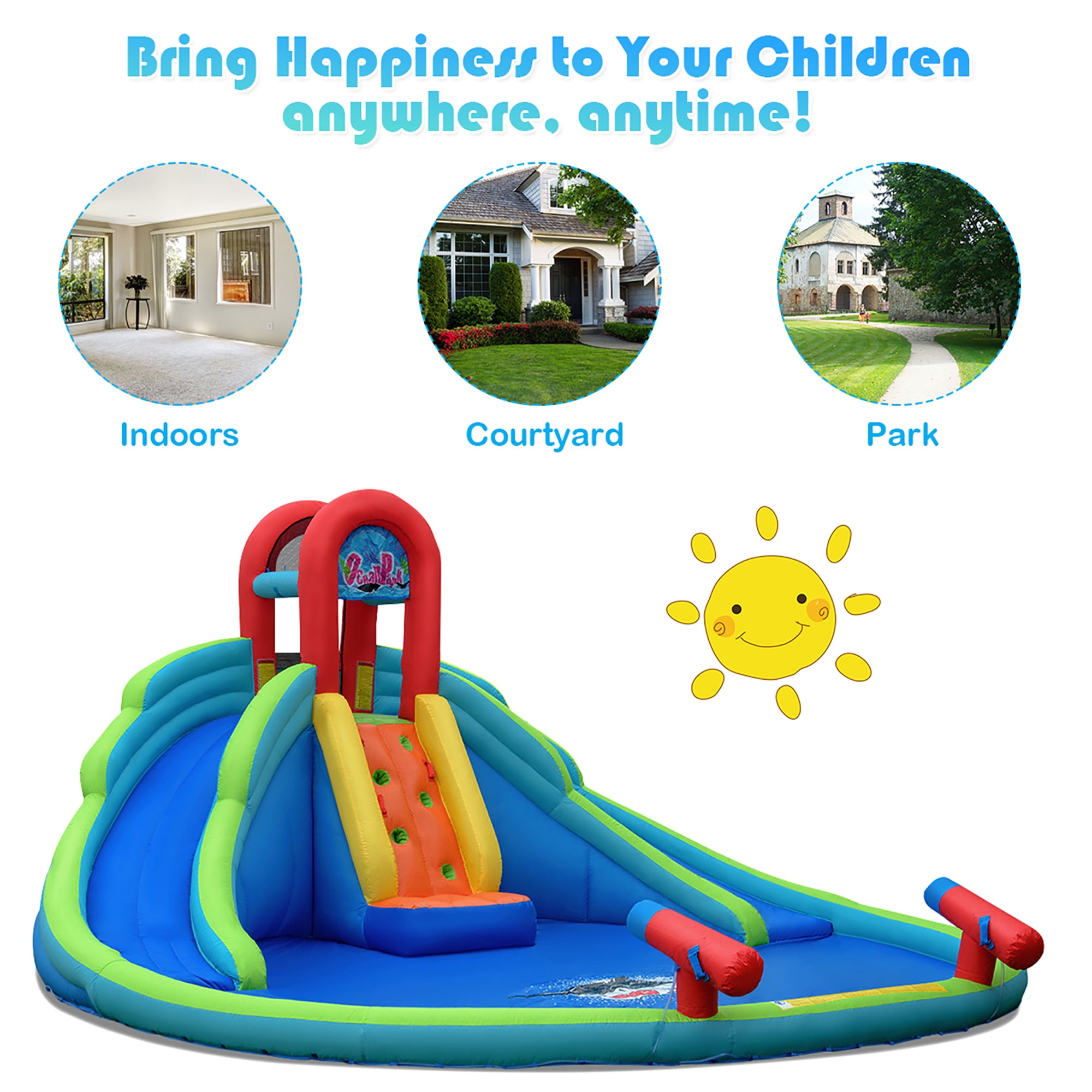 Costway Inflatable Bounce House Kids Water Splash Pool Dual Slides Climbing Wall without Blower