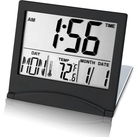 Small Digital Travel Alarm Clock Battery Operated, Portable Large Number Display Alarm Clock with Date & Temperature,12/24 H Small Desk Clock-Black(No Light)