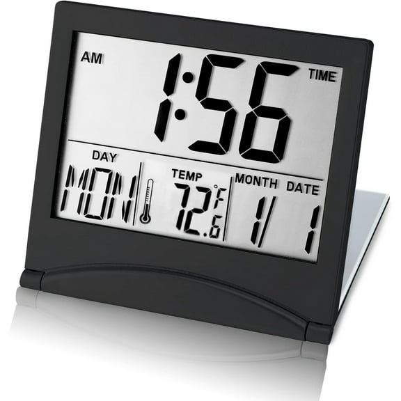 Small Digital Travel Alarm Clock Battery Operated, Portable Large Number Display Alarm Clock with Date & Temperature,12/24 H Small Desk Clock-Black(No Light)