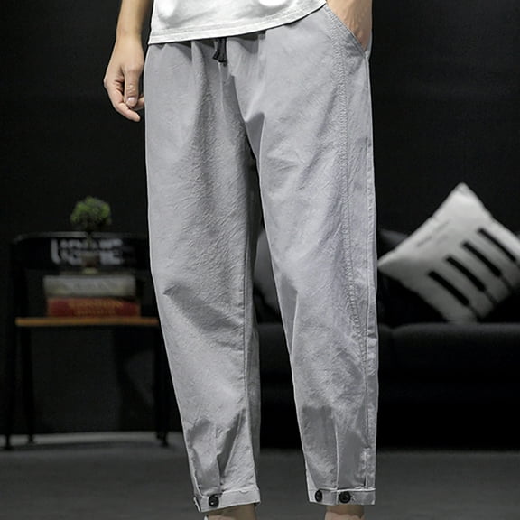 Handshe Men's Tapered Ankle Pants with Elastic Waist, Drawstring Pockets and Button Detail - Solid Color Casual Slim Fit