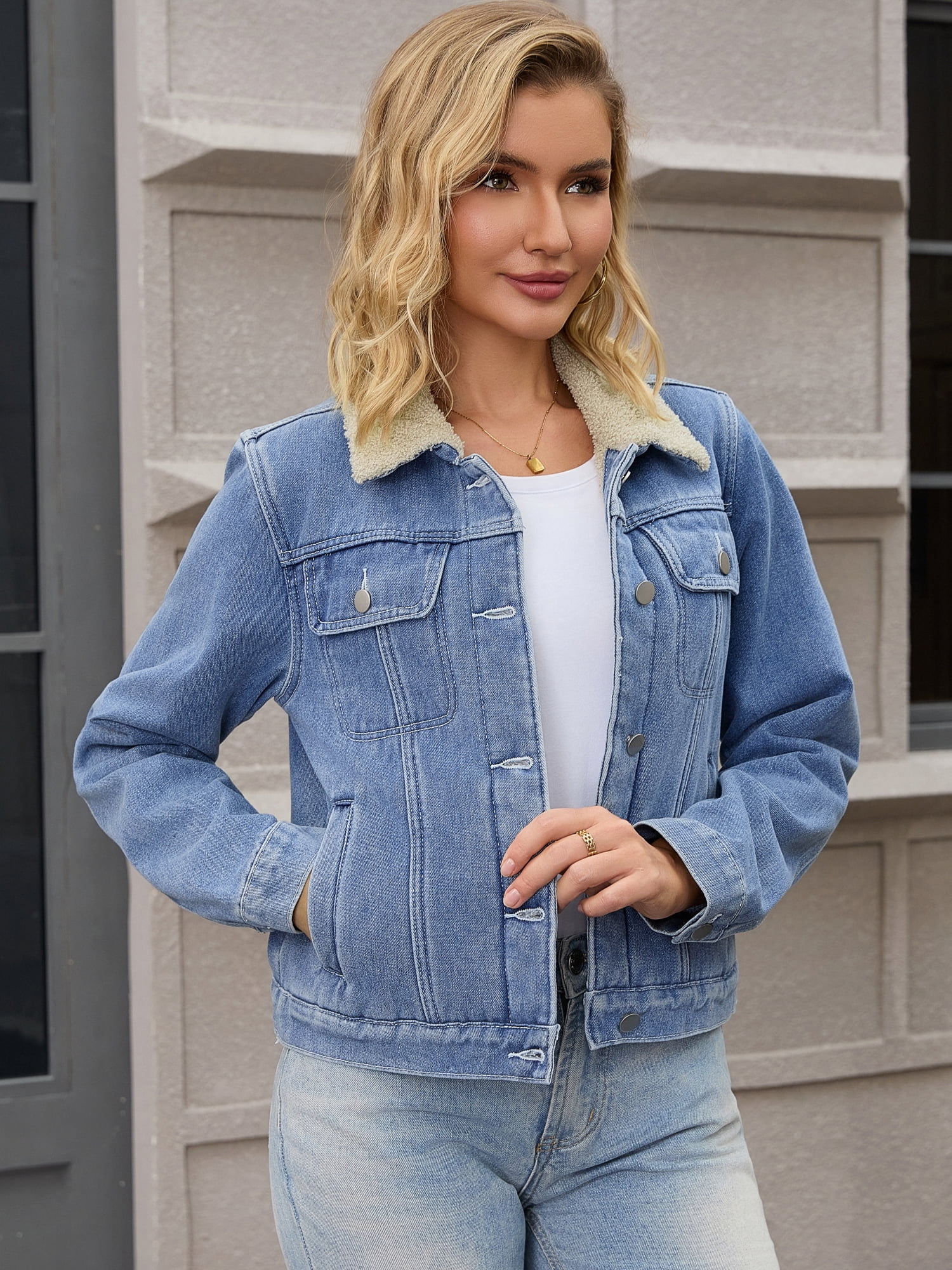 DARING DIVA Women's Faux Fur Collar Fleece Lined Denim Trucker Jacket XL Blue