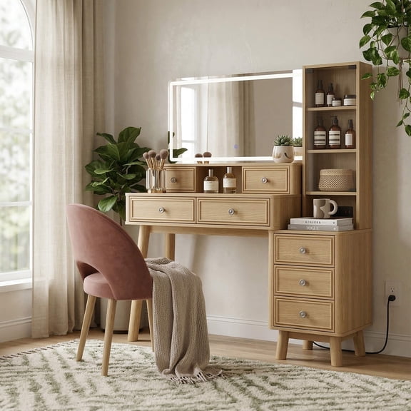 Treevan Natural Wood Makeup Vanity Desk with LED Lighted Mirror, 7 Drawers & Tall Storage Cabinet, 3 Color Dimmable Lights, Built-in Power Outlet, Dressing Table for Bedroom,Beige