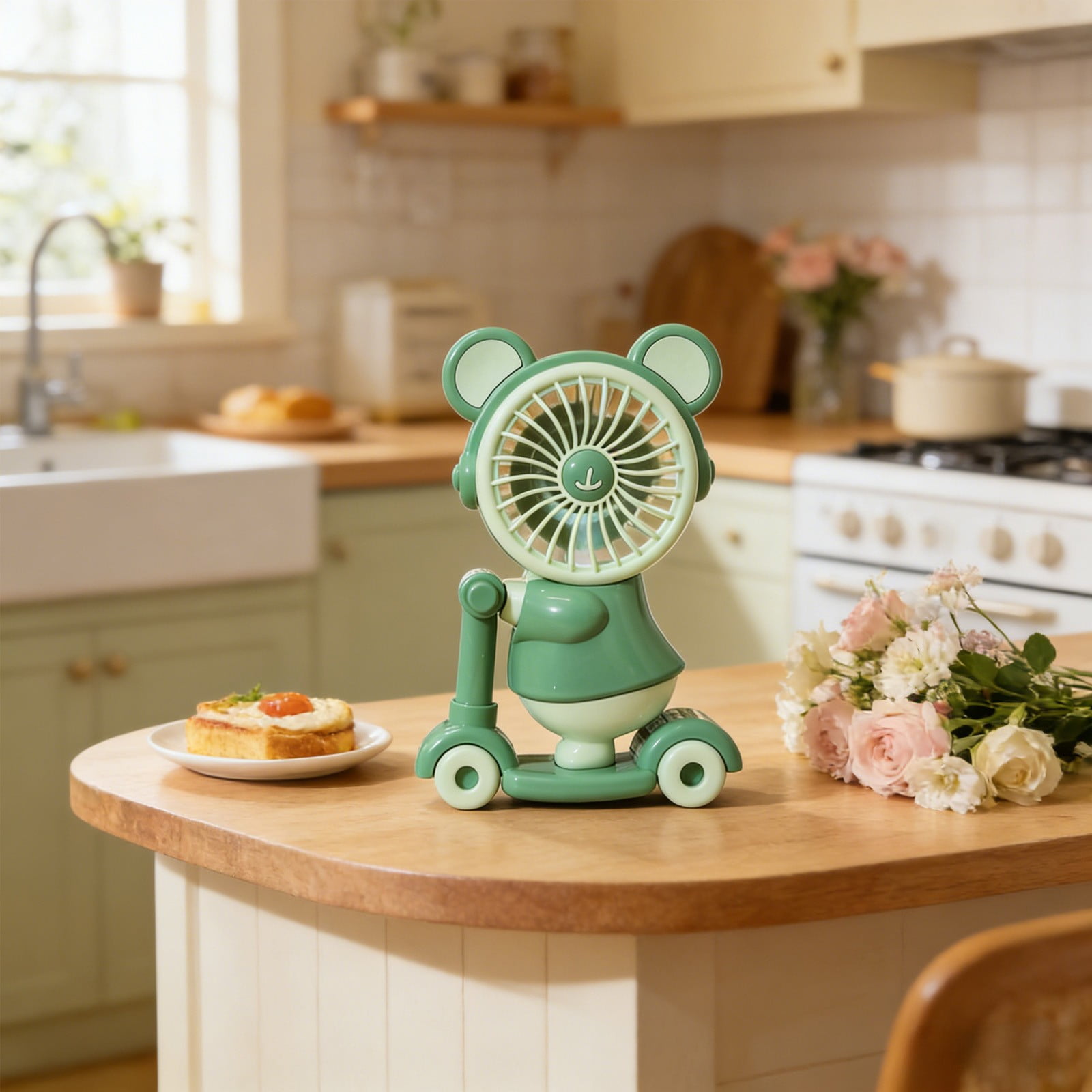 Wzzjkit 2 in 1 USB Rechargeable Fan Cute Bear on Scooter Shaped Mini Desk Fan with Pencil Sharpener Quiet Portable Personal Fan for Office School Home Travel