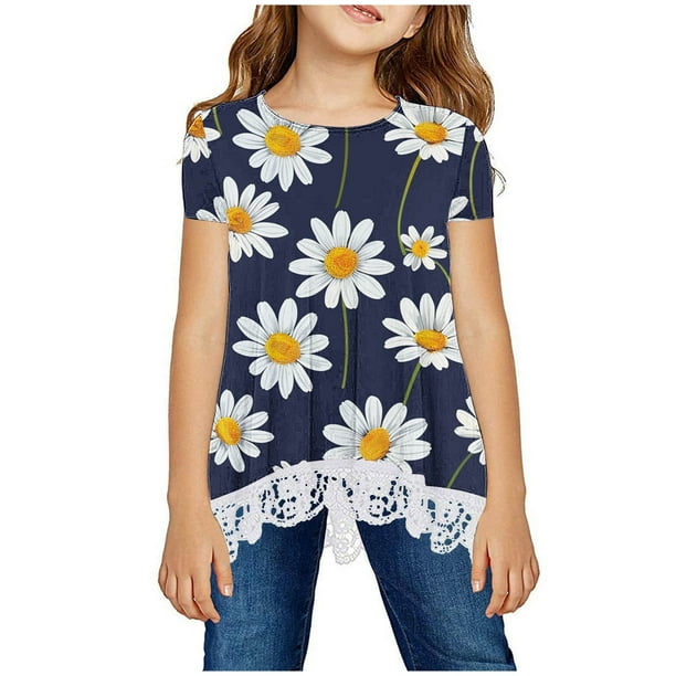 TopLLC Short Sleeve Round Neck Blouses Shirts Girls Shirt Crewneck Layered Independence Print Short Sleeve Cute Kids Blouse Lace Tee Top Girl Blouse