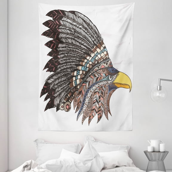 Eagle Tapestry, Tribal Culture Inspired Hand Drawn Eagle in Feathered Designed Headdress Hippie Style, Wall Hanging for Bedroom Living Room Dorm Decor, 60W X 80L Inches, Multicolor, by Ambesonne