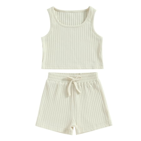 

Wallarenear 2Pcs Baby Girl Tracksuit Ribbed Knit Button Tank Tops Drawstring Rolled Shorts