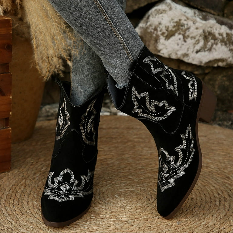 Oyedens Womens Retro Cowboy Boots Vintage Suede Embroidered Wide Mid Calf Cowgirl Boots Chunky Heel Slip on Short Dress Booties for Winter Fall Black