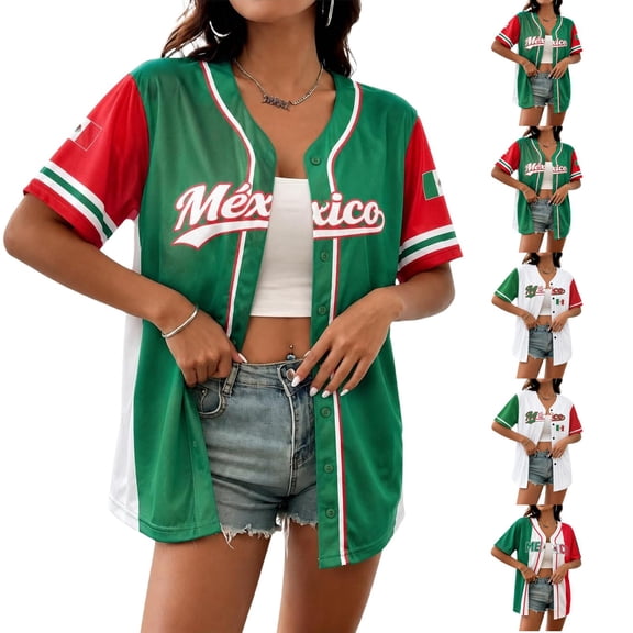 Soccer Cup 2026 Jersey for Men & Women, Button Down V-Neck Short Sleeve Mexico Baseball Top - Lightweight Mesh Fan Shirt for Stadium & Party Army Green L