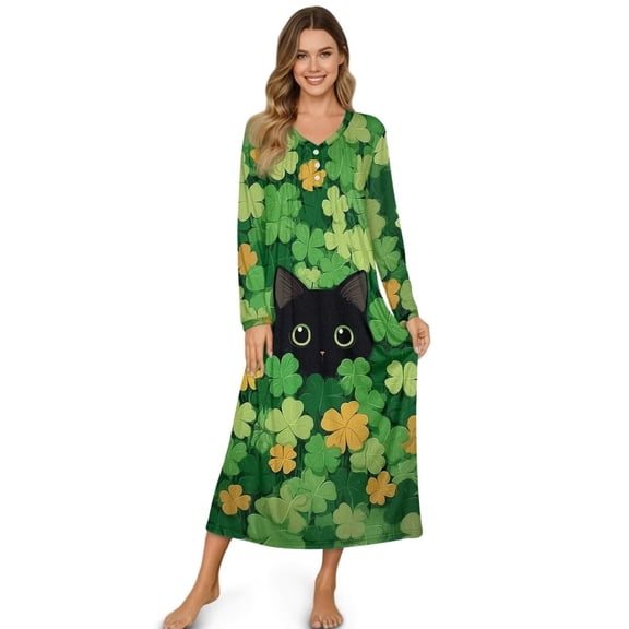 Xoenoiee Cat Shamrock Print Women's Long Sleeve Nightgown Full Length Sleepwear Button Down Long Sleepshirts St. Patrick's Day Henley Sleep Dress Mumu Dress, S