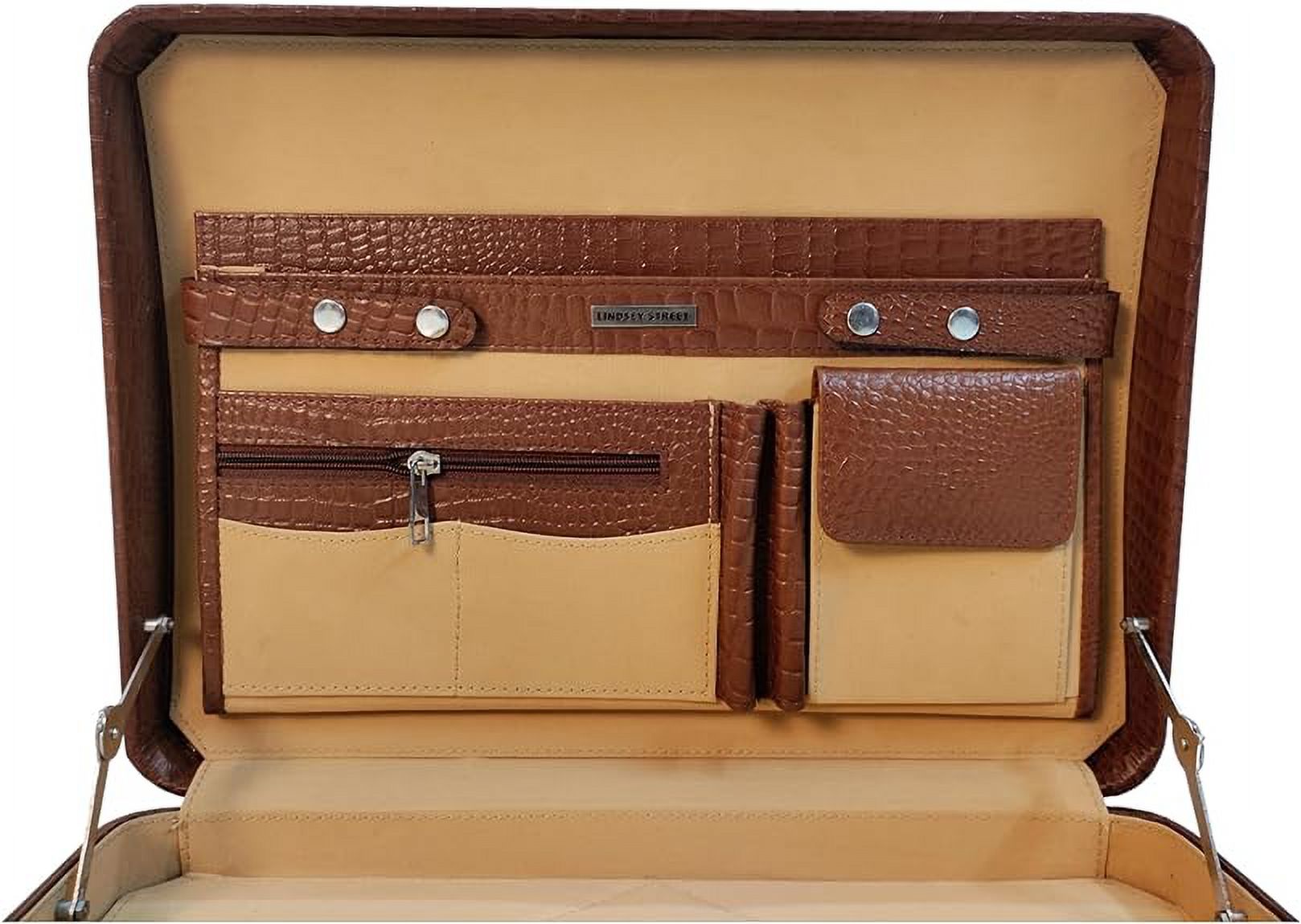LINDSEY STREET Premium Look Genuine Leather Attache Briefcase for Mens Office Handbag 14 Inch Laptop Case (Tan)