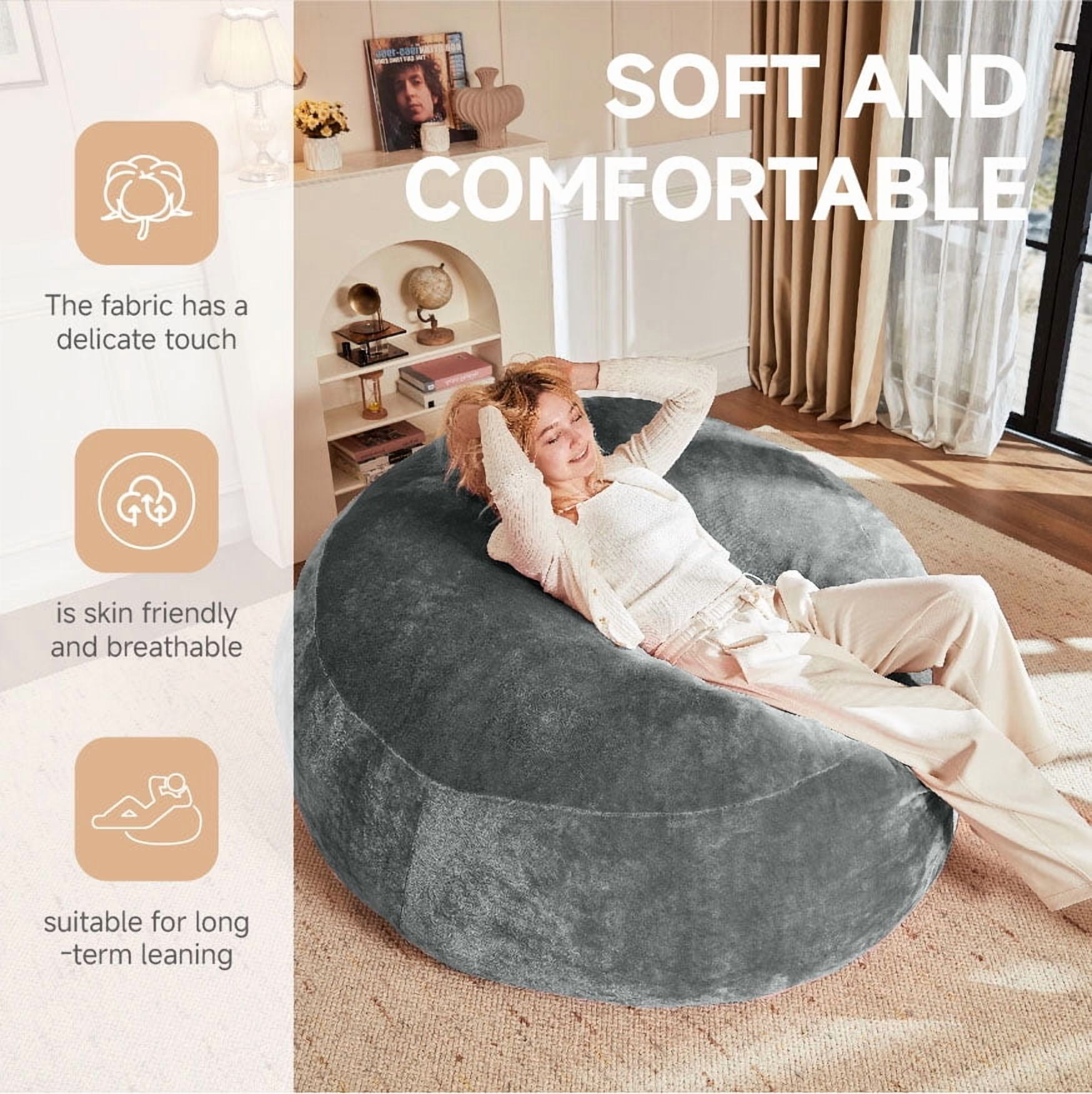 CQSXDA 6FT Memory Foam Bean Bag Chair With Removable Cover, For Teens, Adults, and College Dorm Rooms, DARK GREY