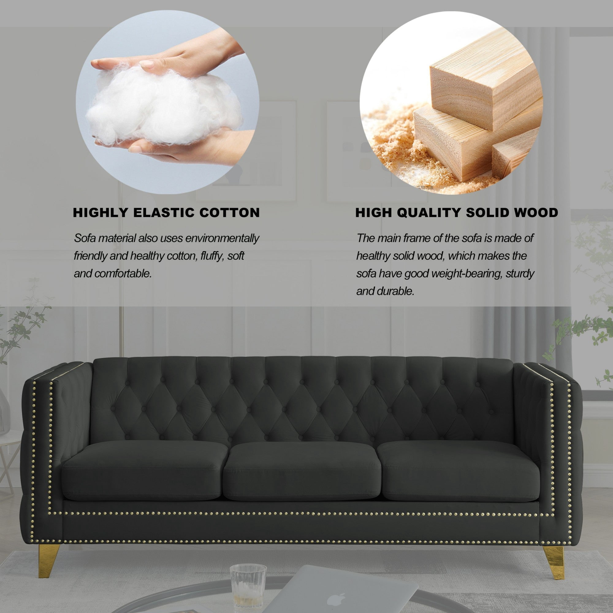 Sailvan 67" Modern Velvet Sofa, Button Tufted Chesterfield 3-Seater Couch with Nailhead Trim and Metal Legs for Living Room Black