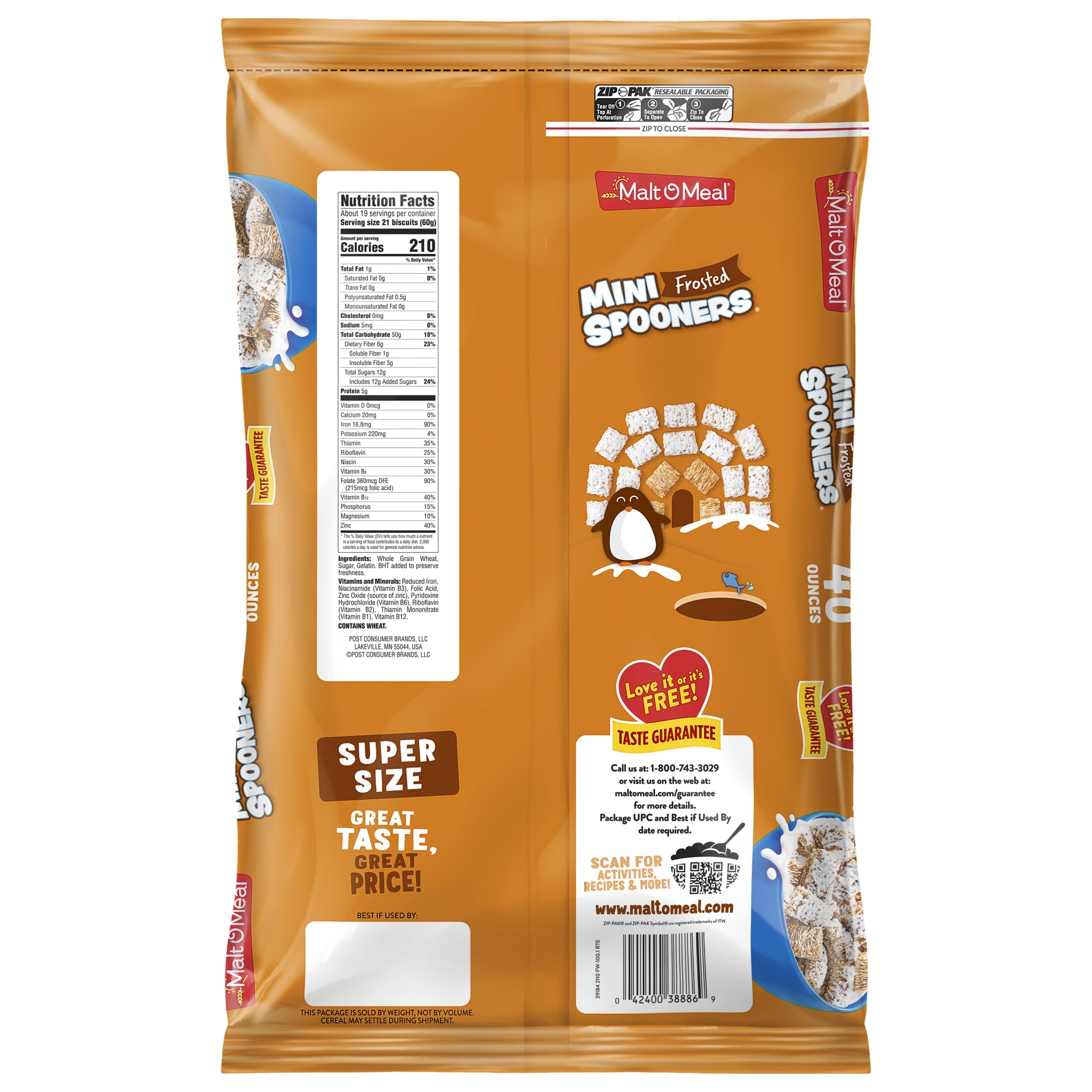 Malt-O-Meal Frosted Mini Spooners, Shredded Wheat Whole Grain Wheat Cereal, Crunchy 40 oz (Pack 2)