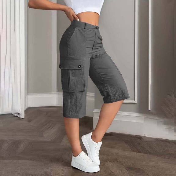 Khunlpohl Womens Cargo Capris Knee Length Loose High Waist Summer Casual Hiking Travel Baggy Capri Pants with Pockets