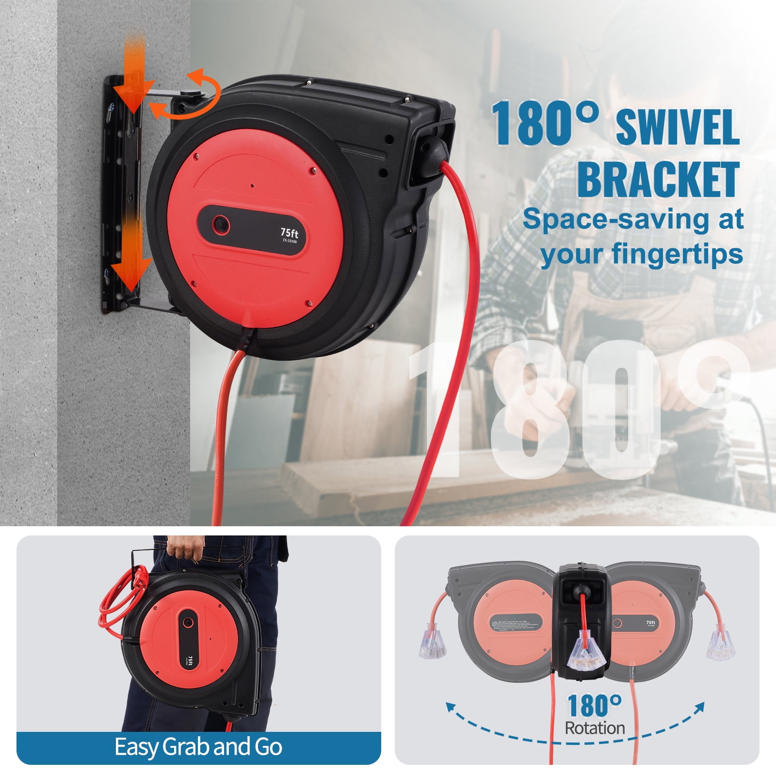 KFFKFF Retractable Power Cable Reel, 75 FT, Durable 14AWG/3C SJTOW Extension Cord with Illuminated Triple Outlet, 13 Amp Safety Circuit Breaker, 180° Rotatable Bracket for Wall ,Ceiling Installation