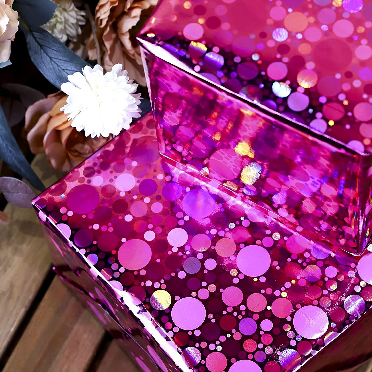 Pink Holographic Wrapping Paper Roll, Shiny Polka Dot Metallic Foil for Birthday, Valentines, Mothers Day, Wedding, Bridal Shower, Graduation, Christmas, Mini Roll 17 in x 32.8 ft