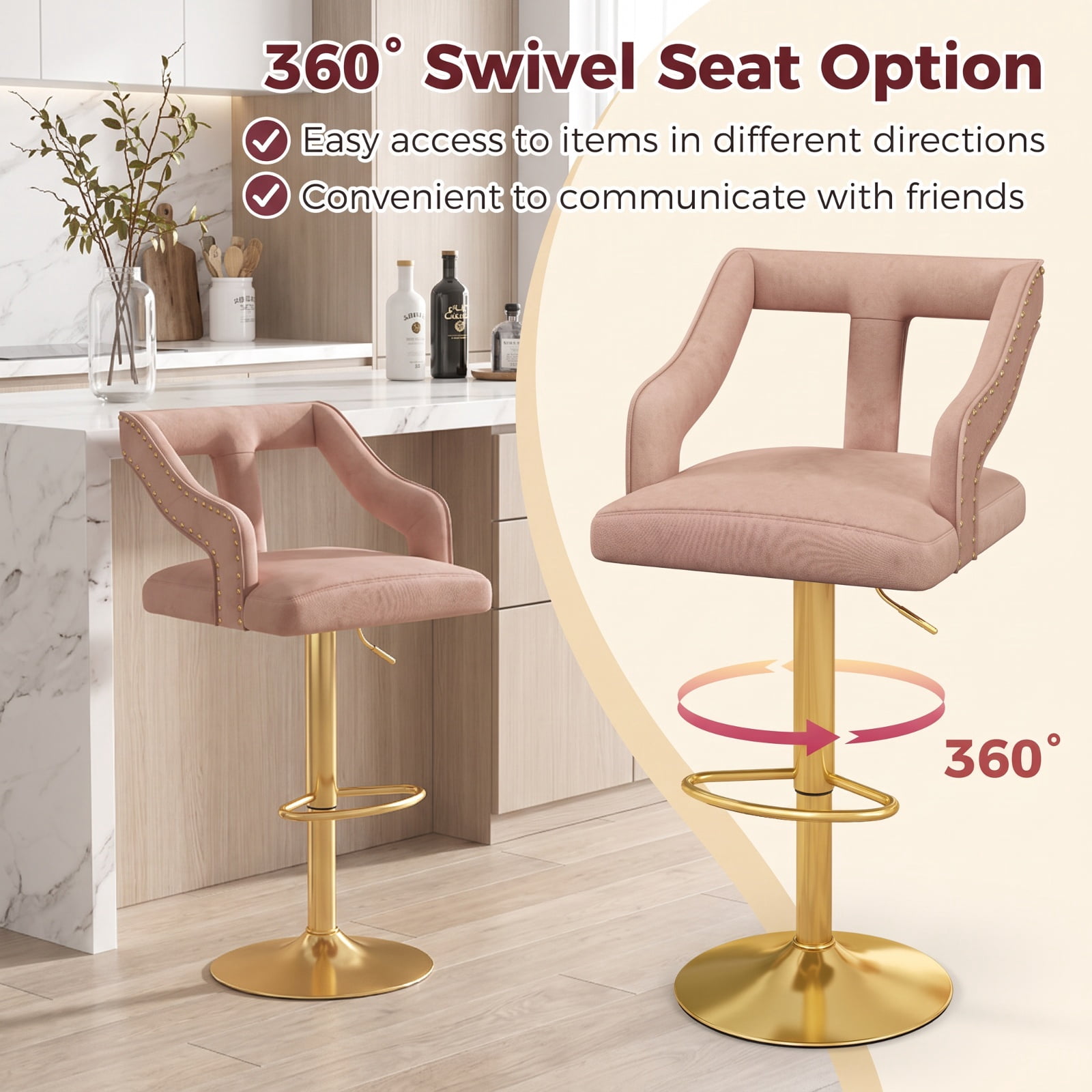 Furnibear Set of 2 Bar Chairs with Footrest and 2-Layer Electroplated Metal Base for Kitchen Island Counter Bar Pub Dining Home, Pink