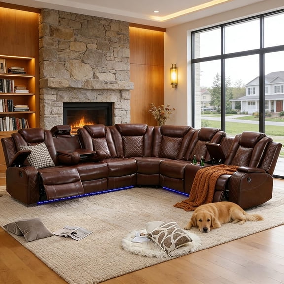 Breathing Leather Power Recliner Sectional Sofa with LED Light, Wireless Charger and Cup Holder, Red