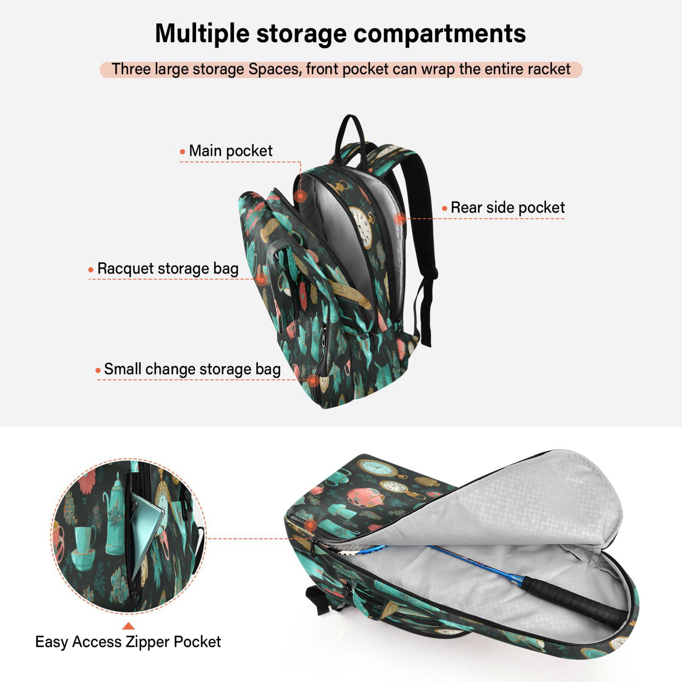 2 Racquet Holder Tennis Backpack Tennis Racket Covers Gym Bags Teal and Coral Vintage
